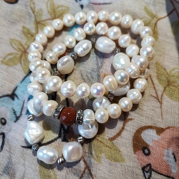 Amazonite Stone Potato Pearls Sterling Clasp Wired Artisan Bracelet - Picture 14 of 15